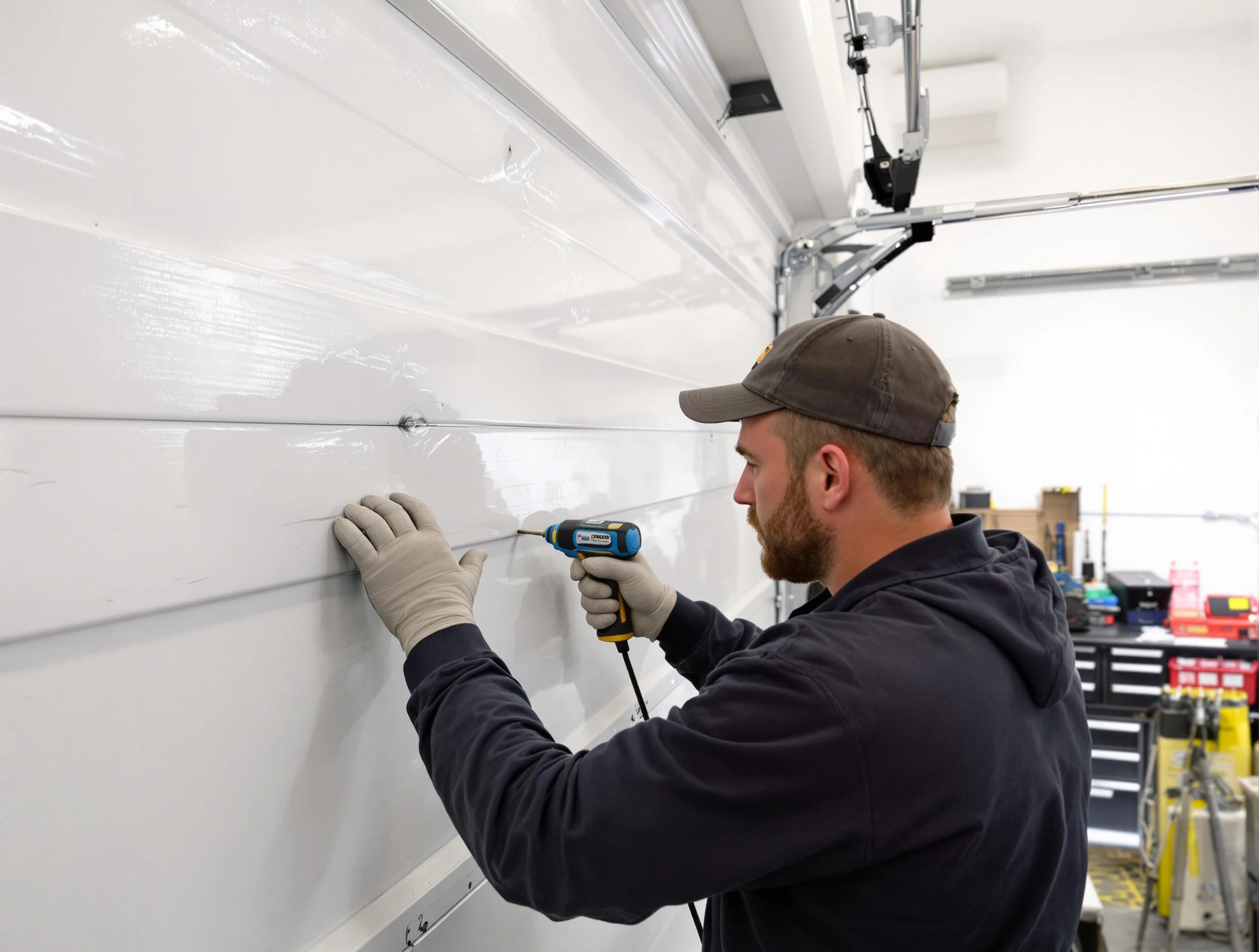 New Bedford Garage Door Repair technician demonstrating precision dent removal techniques on a New Bedford garage door